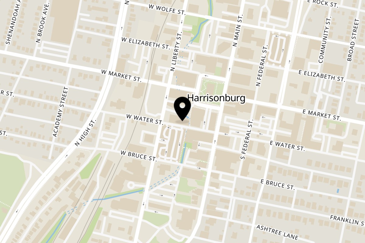 Map showing the location of Cuban Burger on 70 W Water St in Harrisonburg
